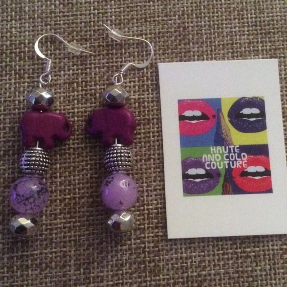 NEW Handmade Elephant Howlite Purple Earrings